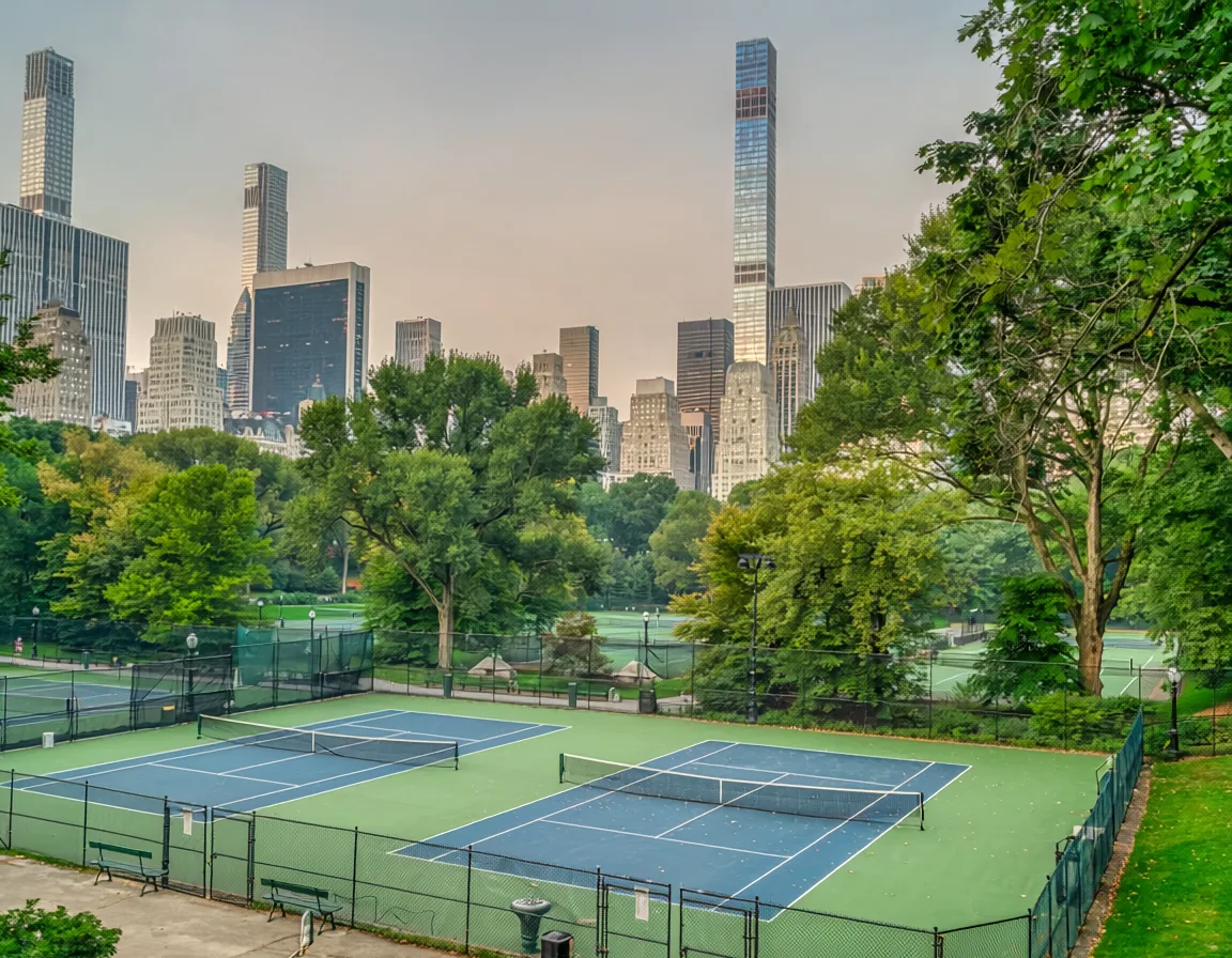 Tennis courts in Central Park with the Manhattan skyline rising behind the trees at dusk.
