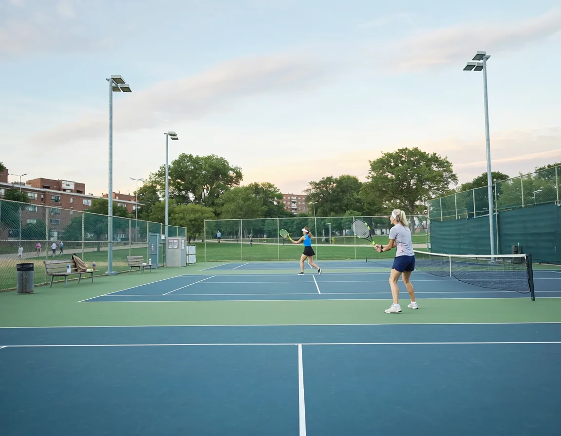 Two players rallying on public tennis courts in McCarren Park, Brooklyn, at golden hour.