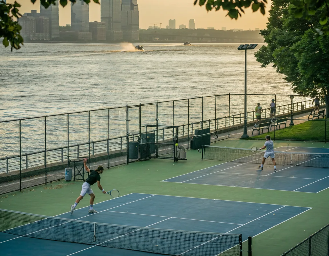 Tennis players on courts along the Hudson River at sunset, with the Jersey City skyline hazy in the distance.